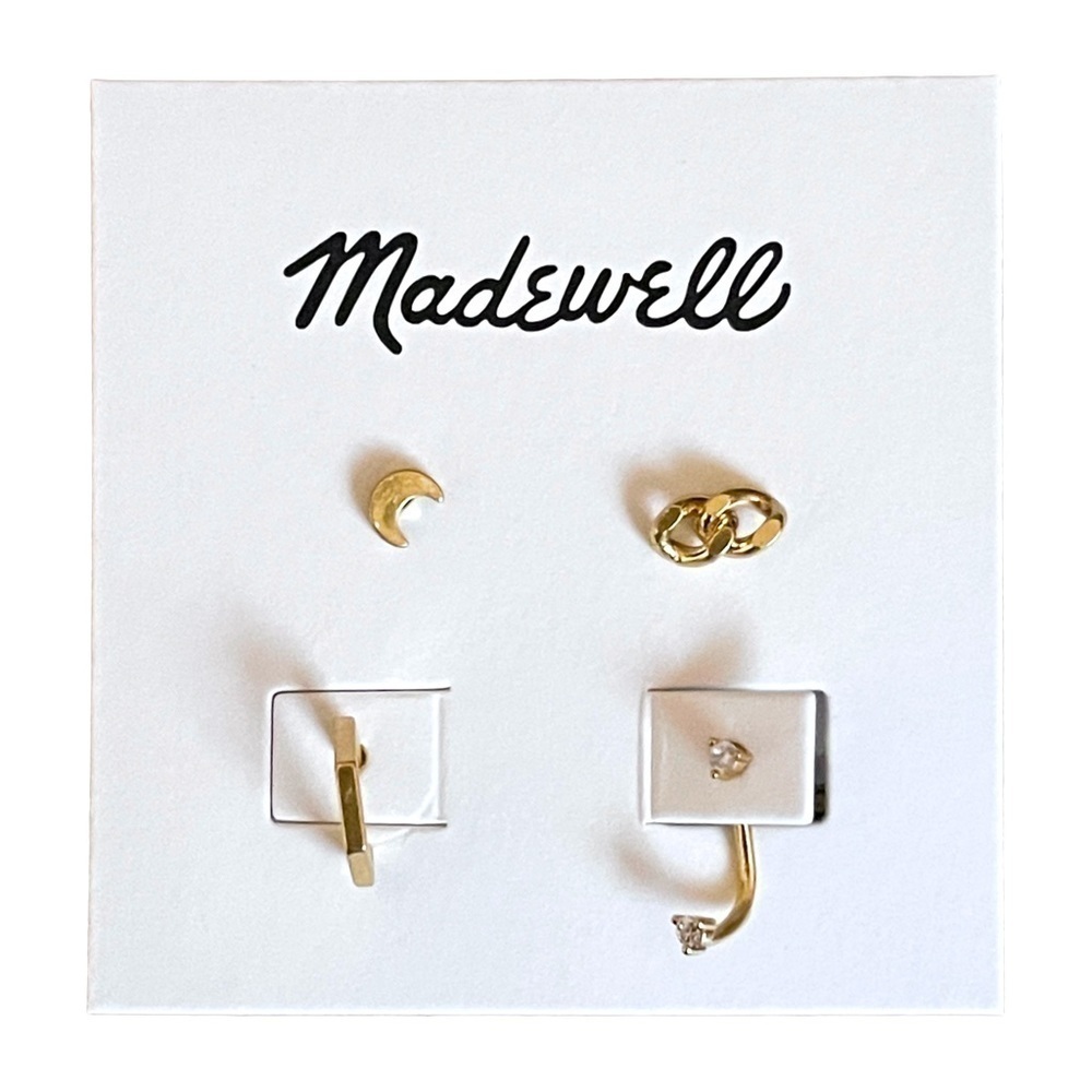 Madewell Mix & Match Solo Earrings Set Gold Tone CZ Moon Link Bar NWT